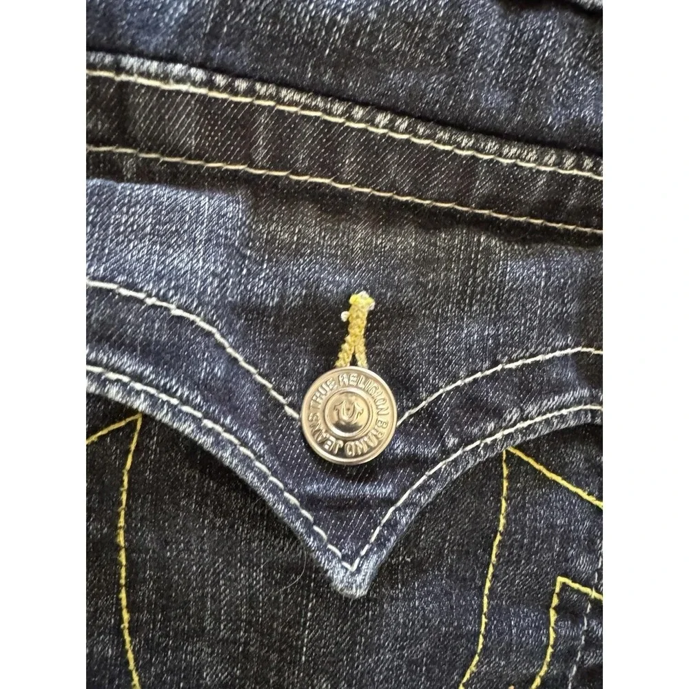 True Religion Rocco Relaxed Skinny Dark Wash Jeans Mens 31x33 Yellow Stitch